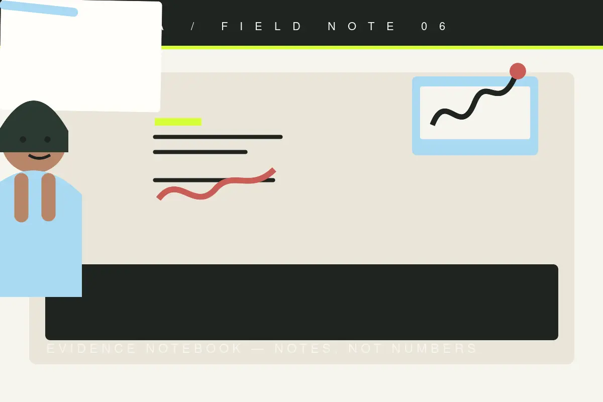 Open evidence notebook with sticky notes, pencil, and an abstract chart